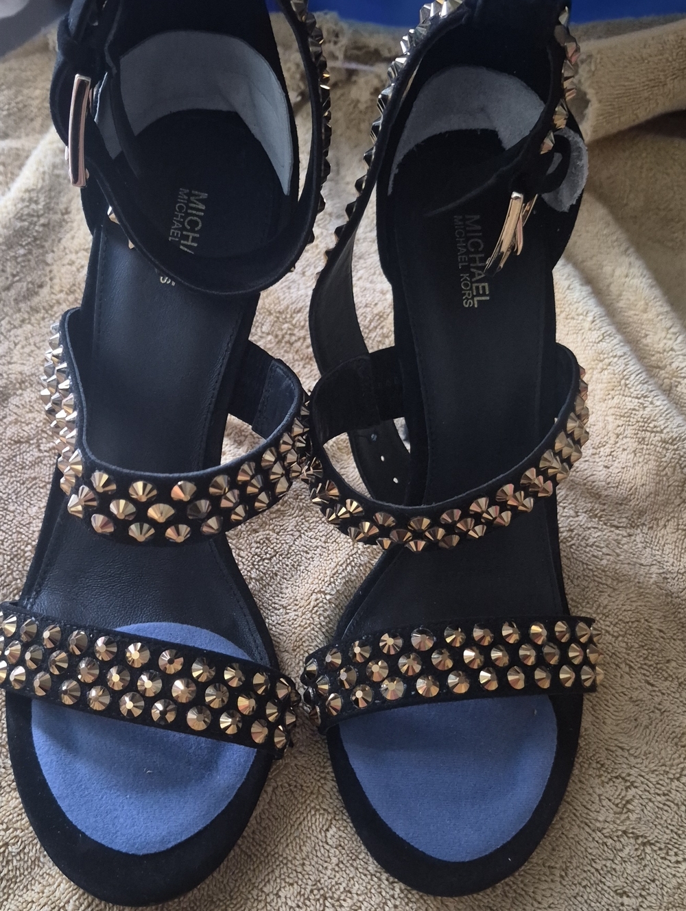 MICHAEL Michael Kors Black Sandals with Gold Studs